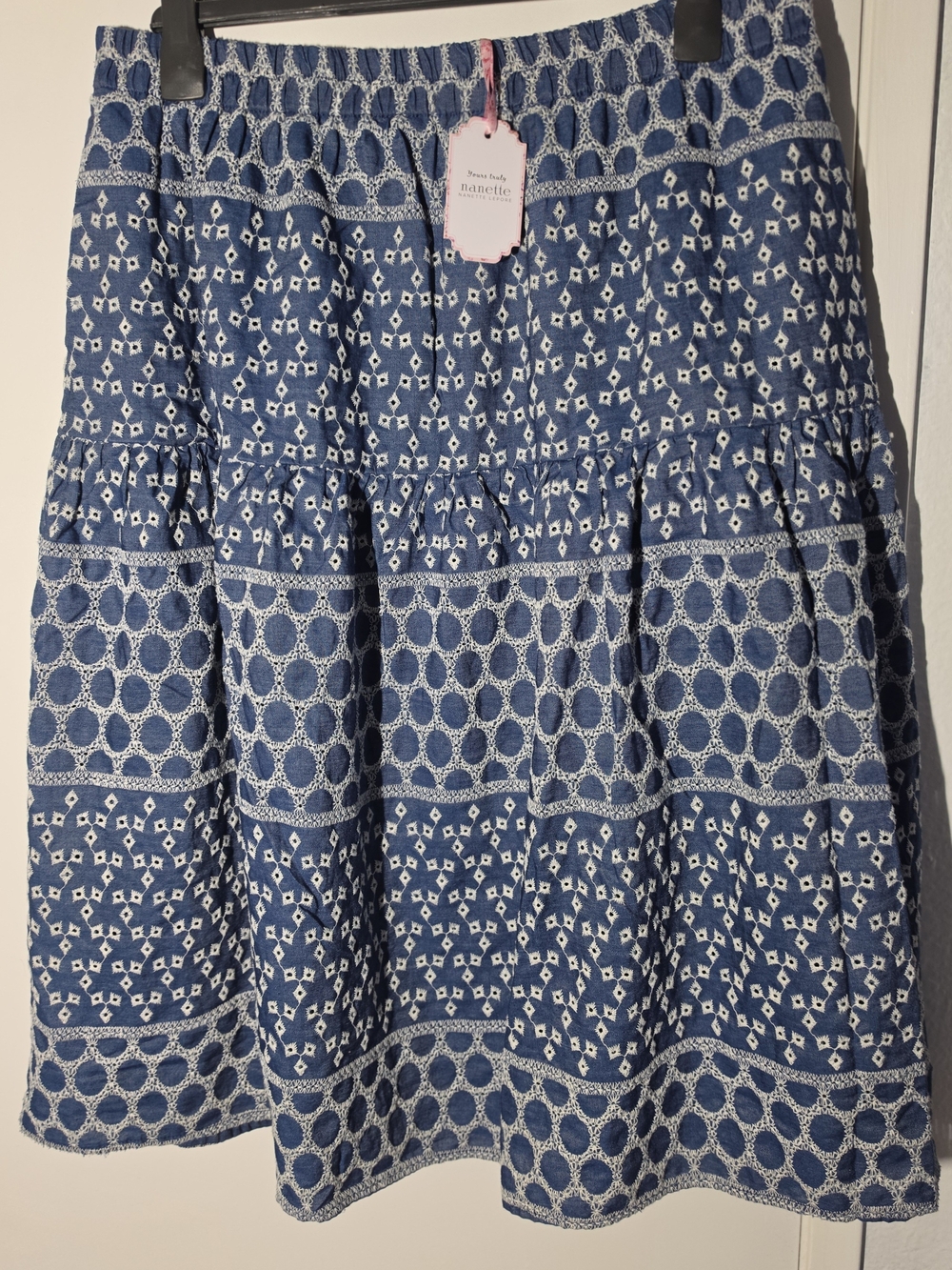 Nanette Lepore Blue and White Tiered A-Line Cotton Skirt